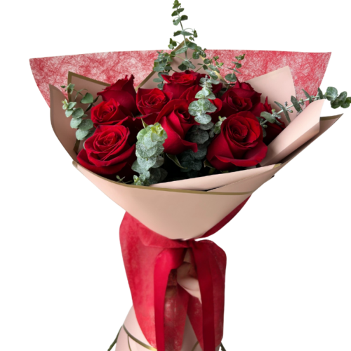 Amore Mio - Bouquet de 12 Rosas unicolor con Eucalipto.