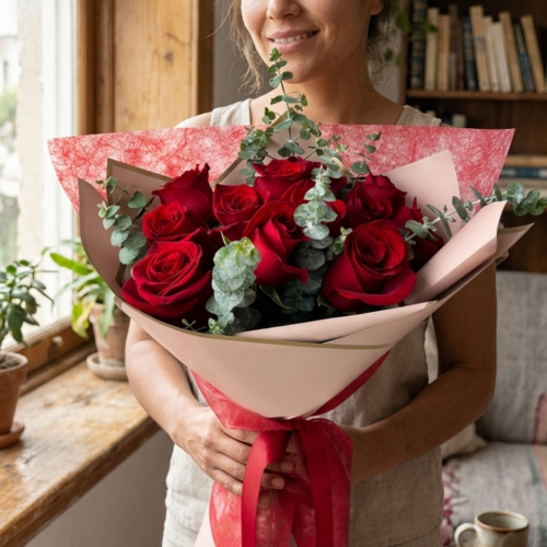 Amore Mio - Bouquet de 12 Rosas unicolor con Eucalipto. LatamB