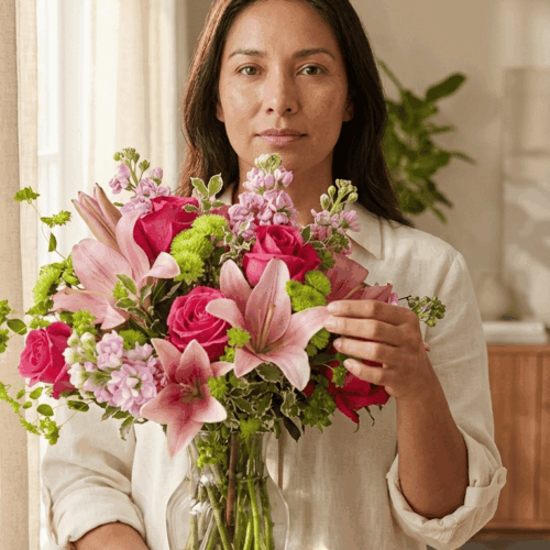 ELEGANCIA ROSA - Ramillete Multifloral de Lilium, Clavellinas y Rosas.